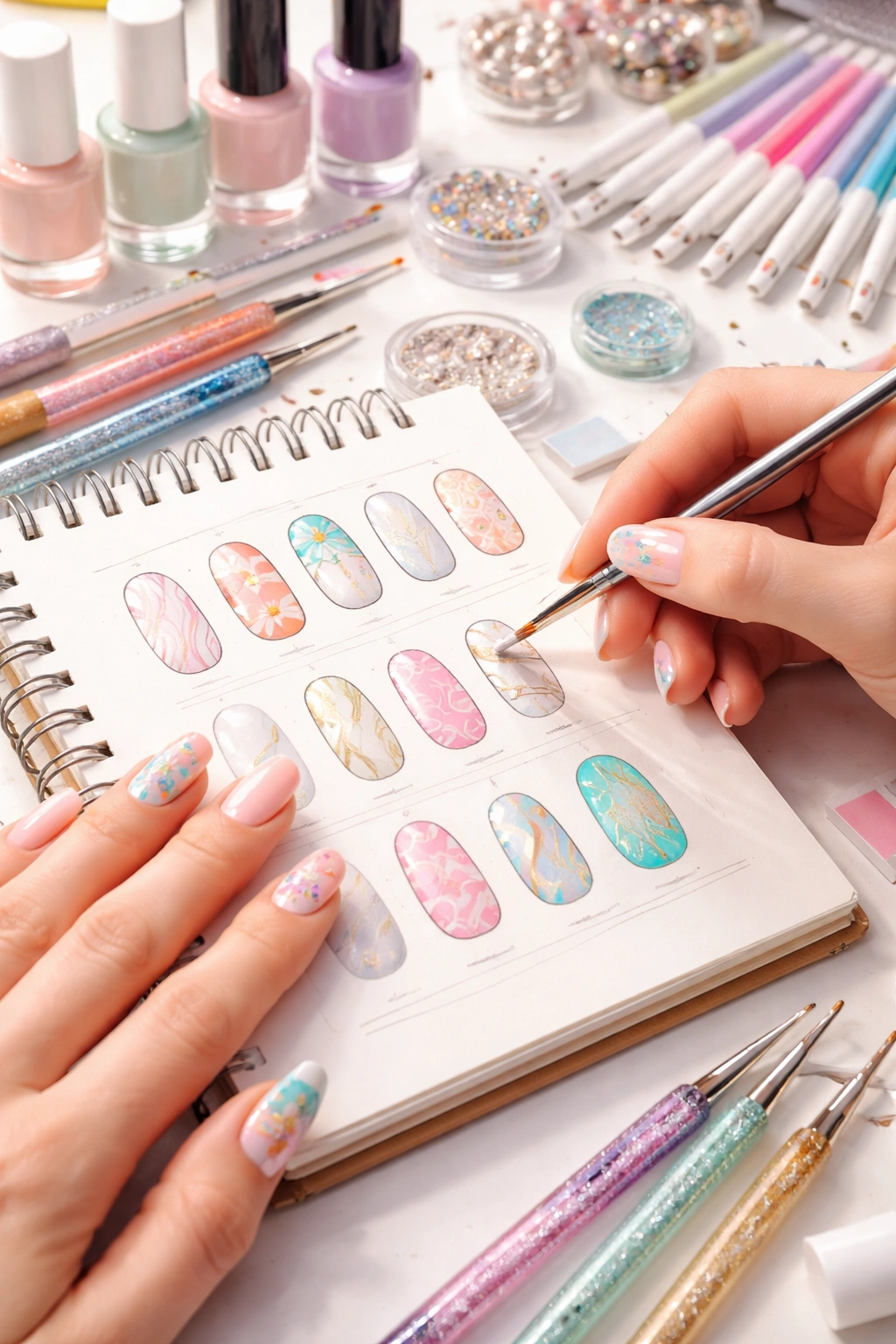 Close-up of hands during a nail design session with swatches and sketches