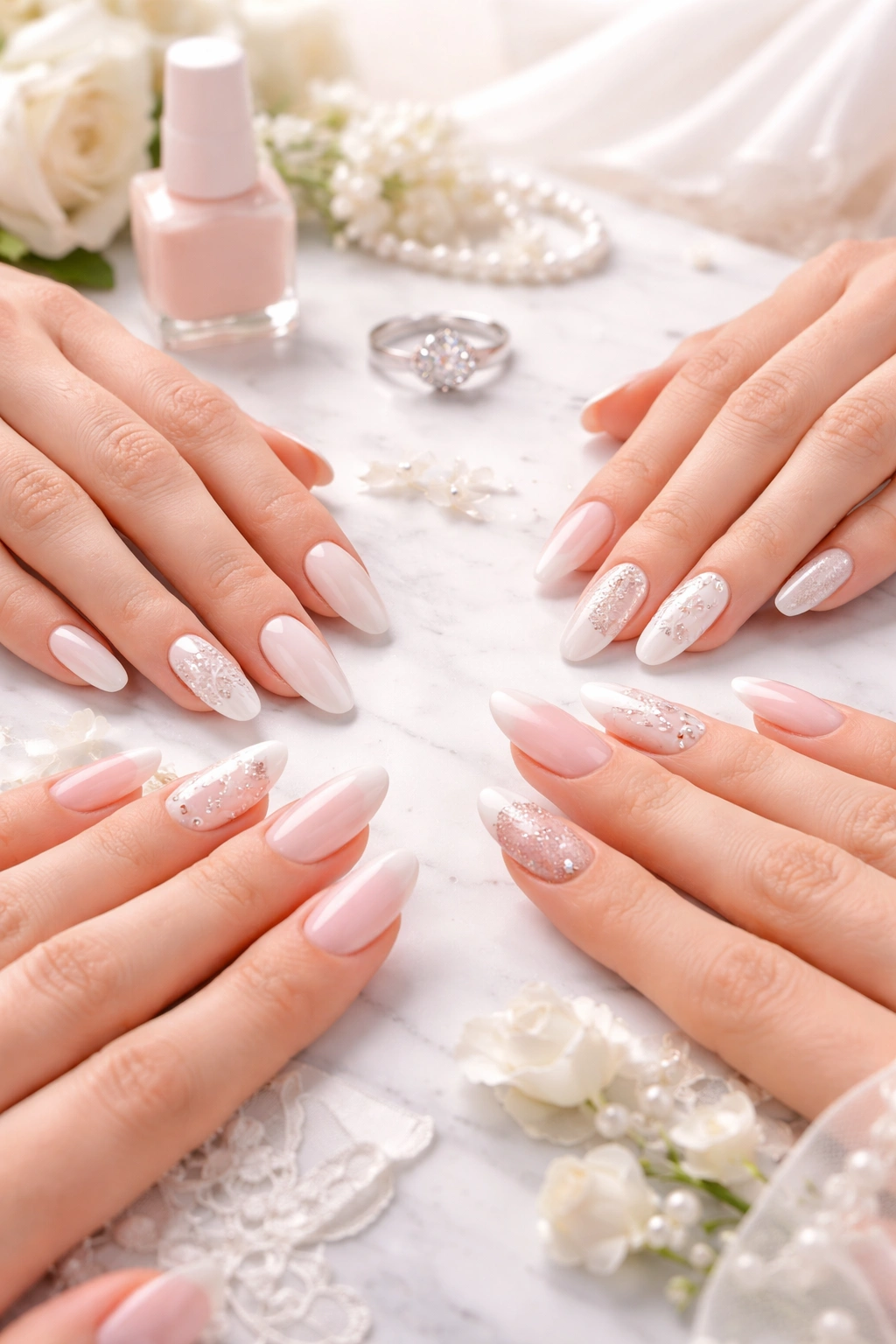 Close-up of hands showing a range of nail designs on a clean manicure station