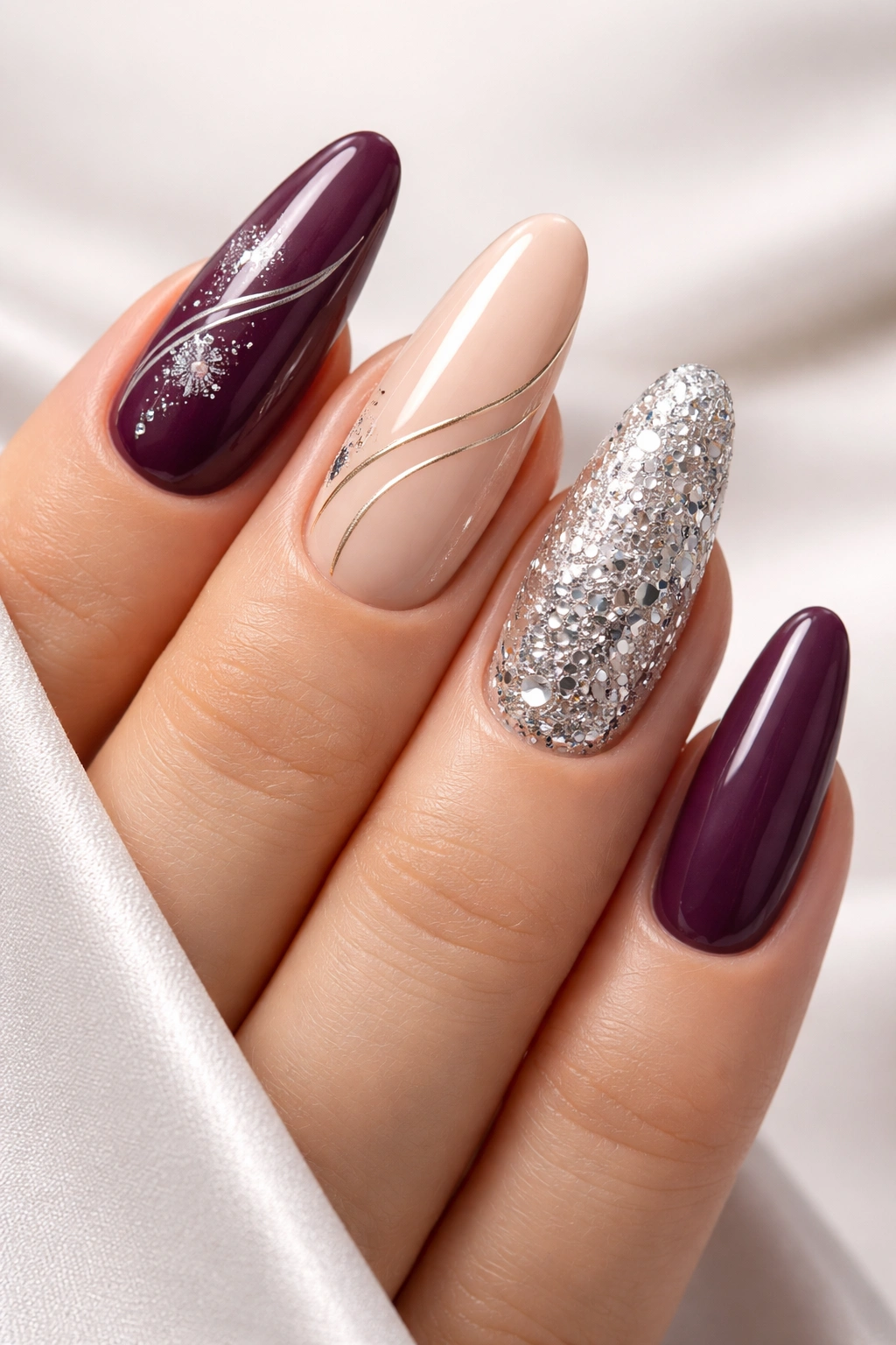 Hand with long oval acrylic nails in varied finishes showing design versatility