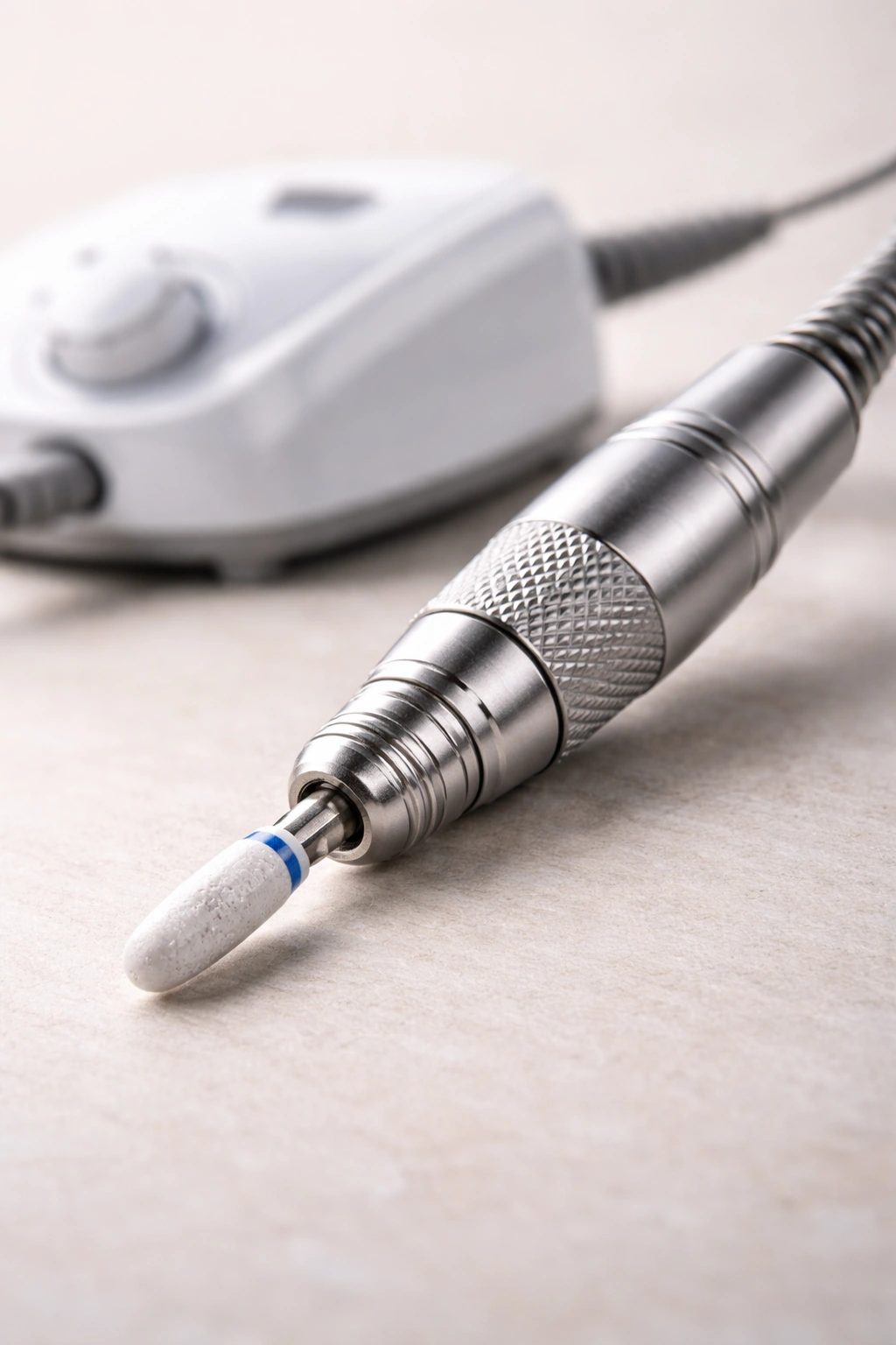 Close-up of nail drill handpiece showing chuck and bit on neutral studio backdrop