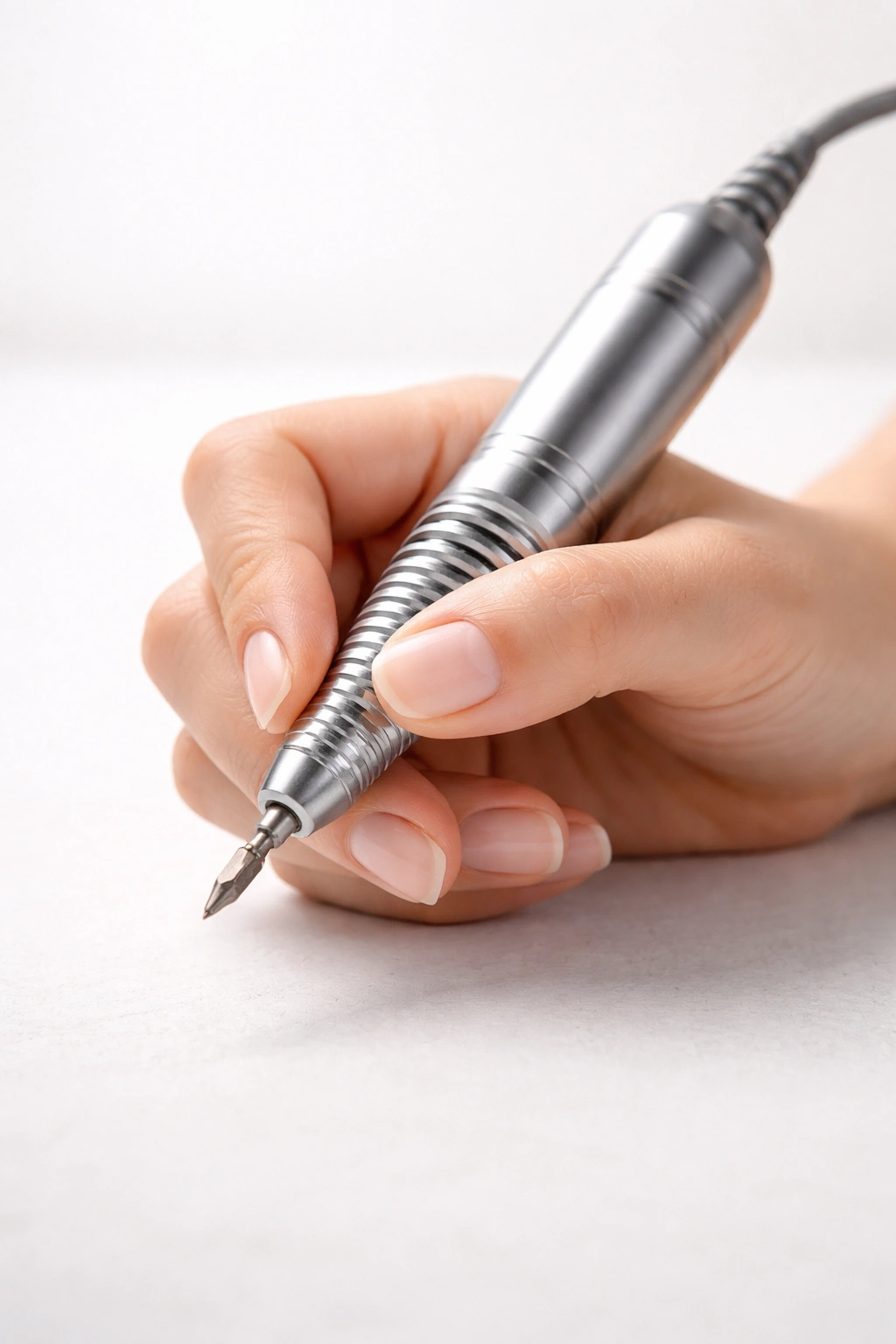 Hand gripping nail drill handpiece in tripod grip
