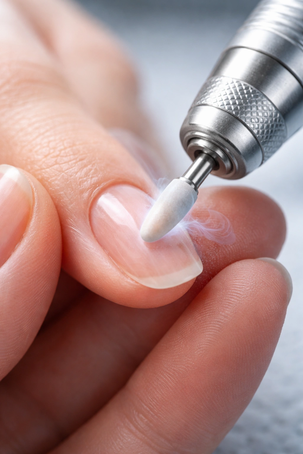 Close-up of nail drill in smooth motion on a nail with cool lighting