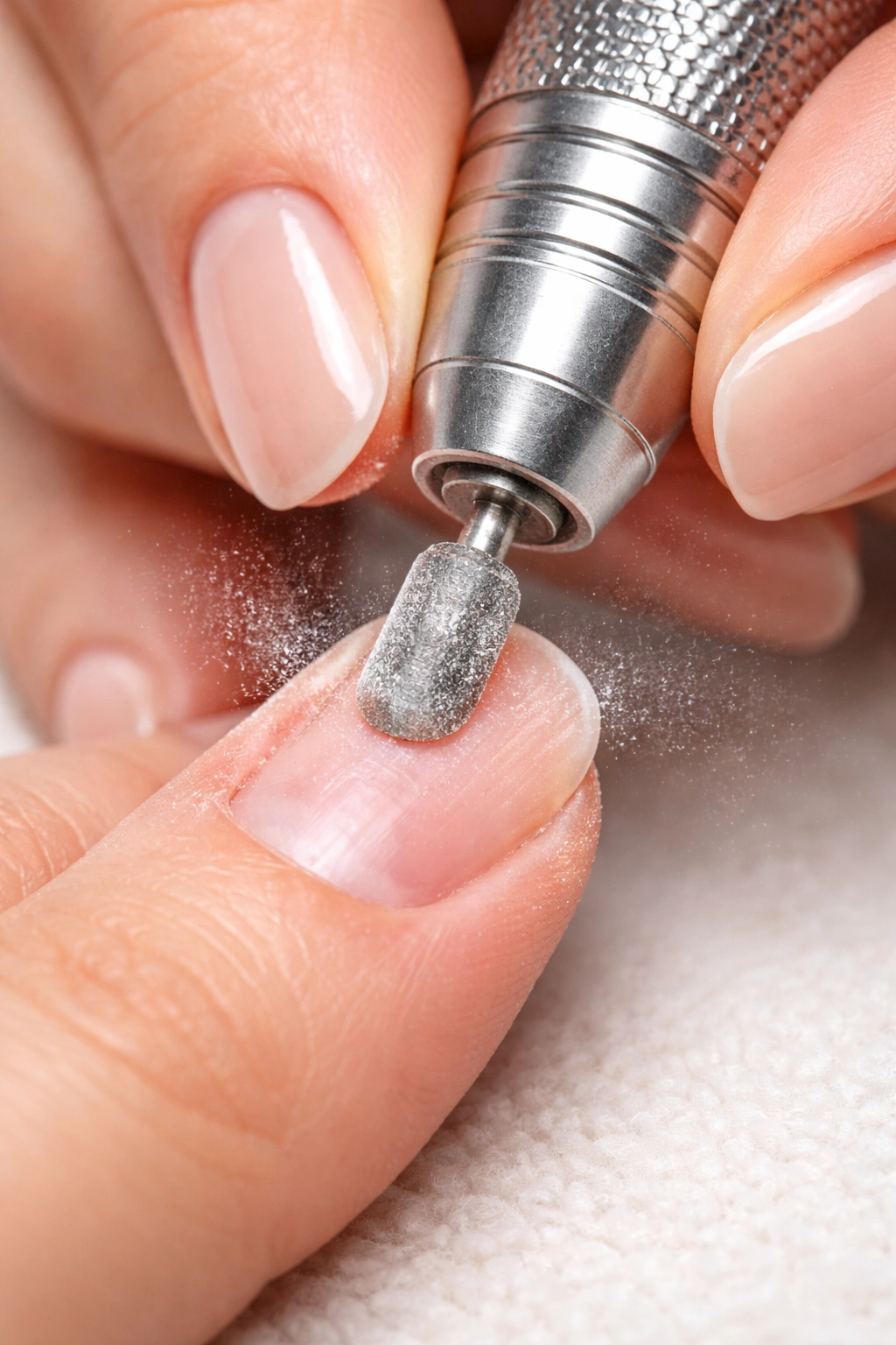 Close-up showing beginner pressing down with nail drill on nail