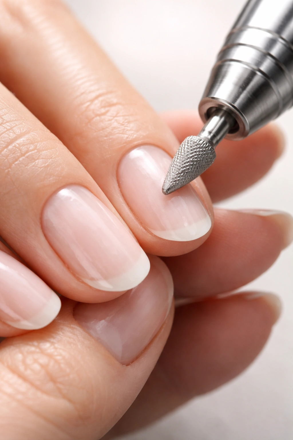 Close-up of hand guiding a nail drill with feather-light pressure on a natural nail