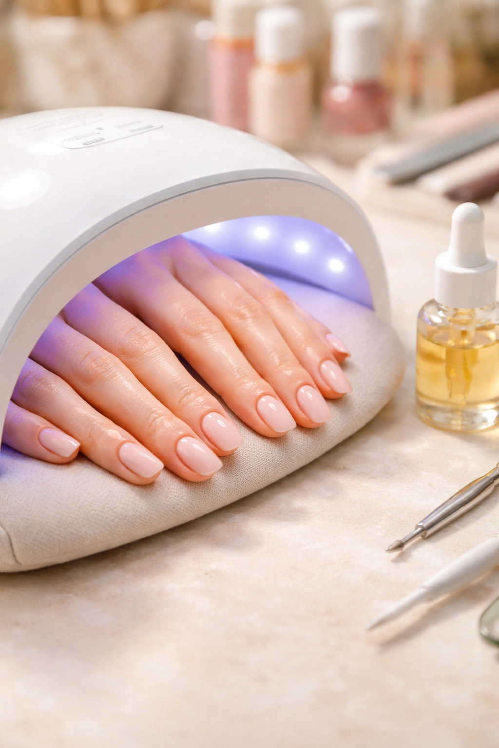 Hands with nails drying under a salon lamp