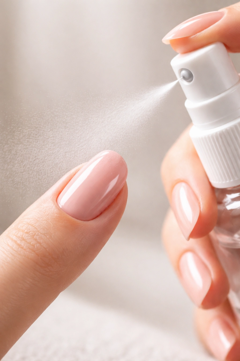 Close-up of a fingernail being dried with a spray to speed up nail polish drying