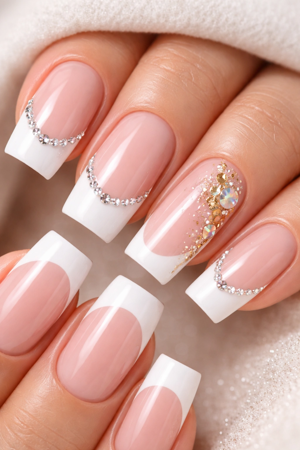 Nails with crystals along the smile line and a foil accent on one nail