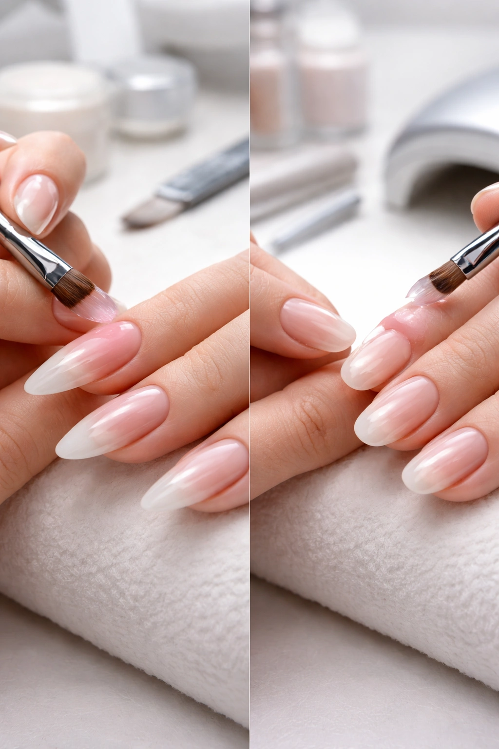 Close-up of hands during nail extension application showing tapered tips
