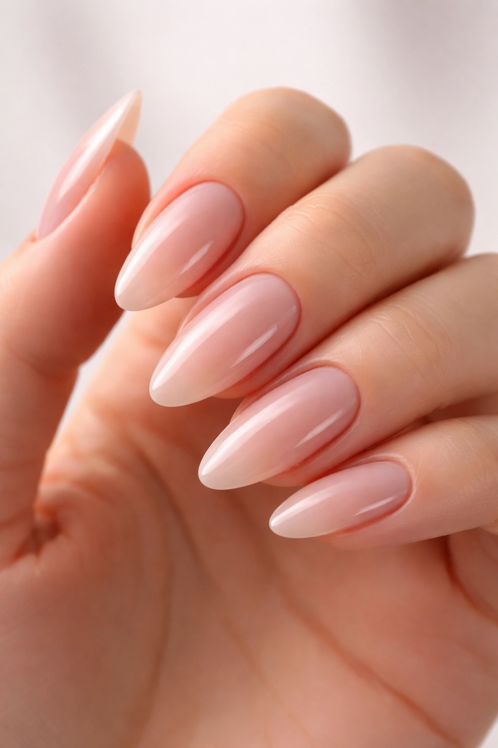 Close-up of a hand with gel extensions on nails, almond shape and nude glossy finish