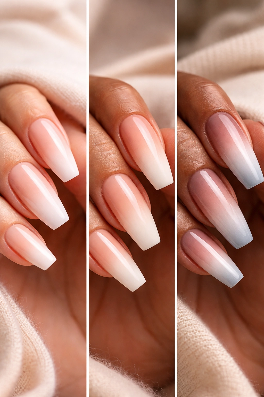 Three ballerina nails of different lengths showing varied fades