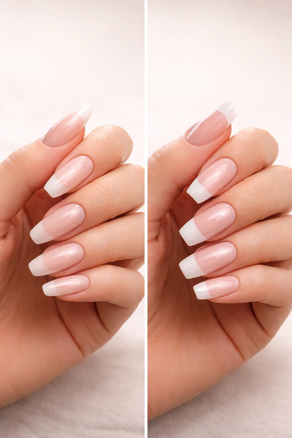 Close-up of two hands showing different nail feels to illustrate Gel X versus acrylic sensations.