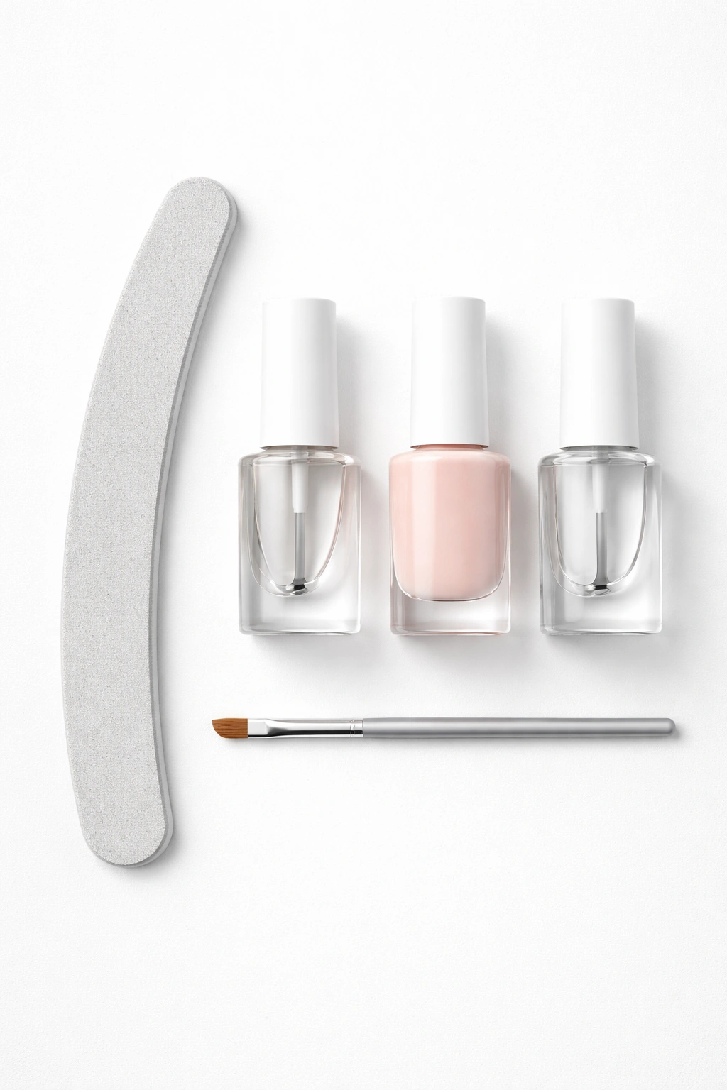 Flat lay of unlabeled manicure tools and nude polish bottles