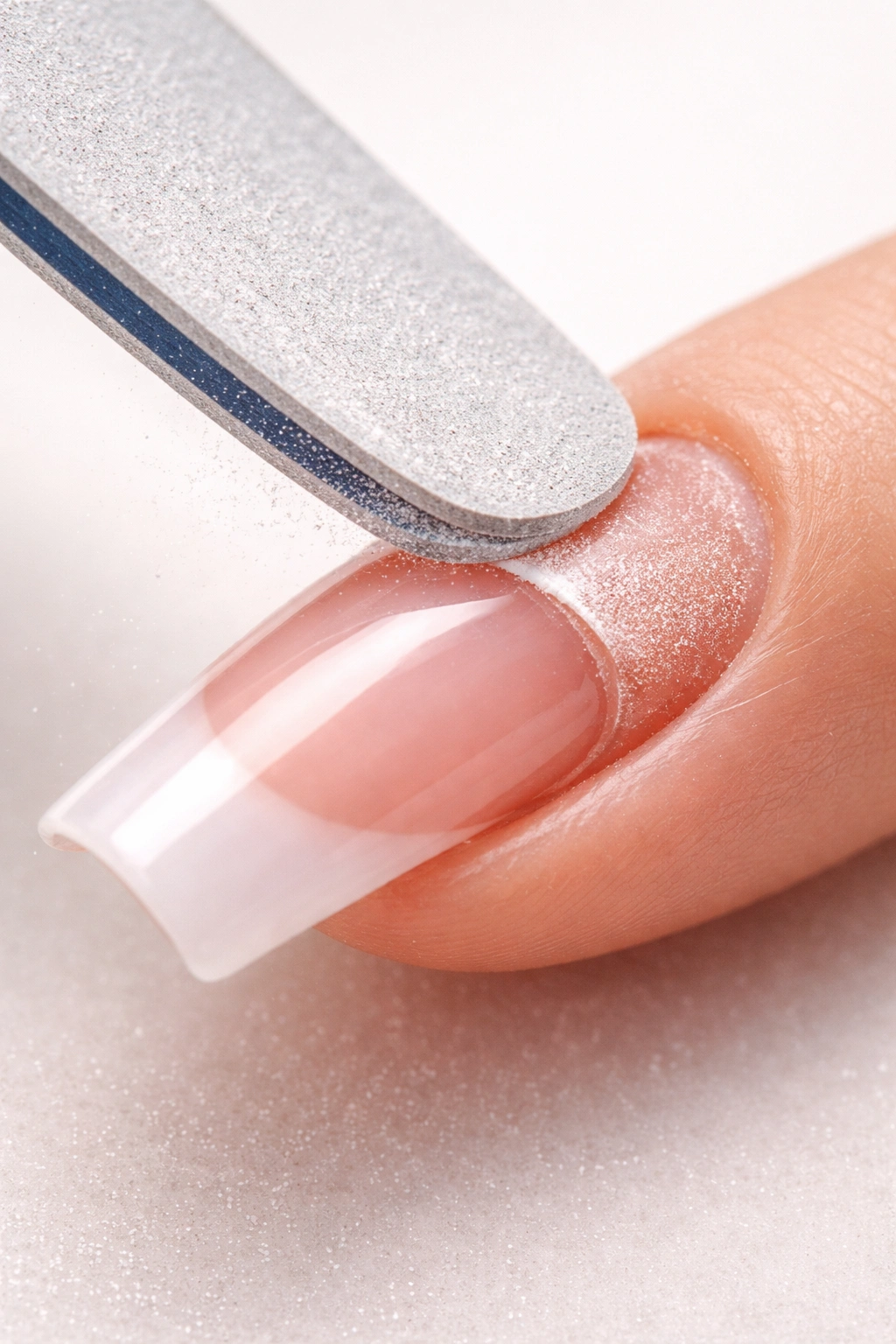 Nail file blending lifted edge at 45-degree angle