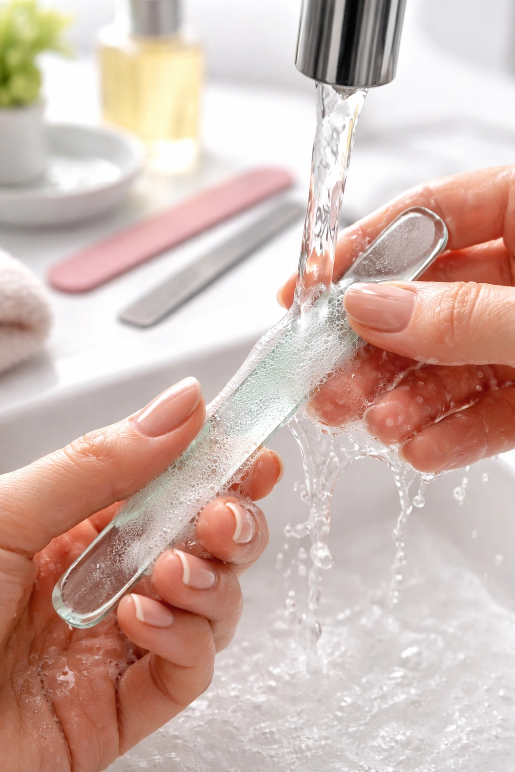 Glass nail file being cleaned with soap under water