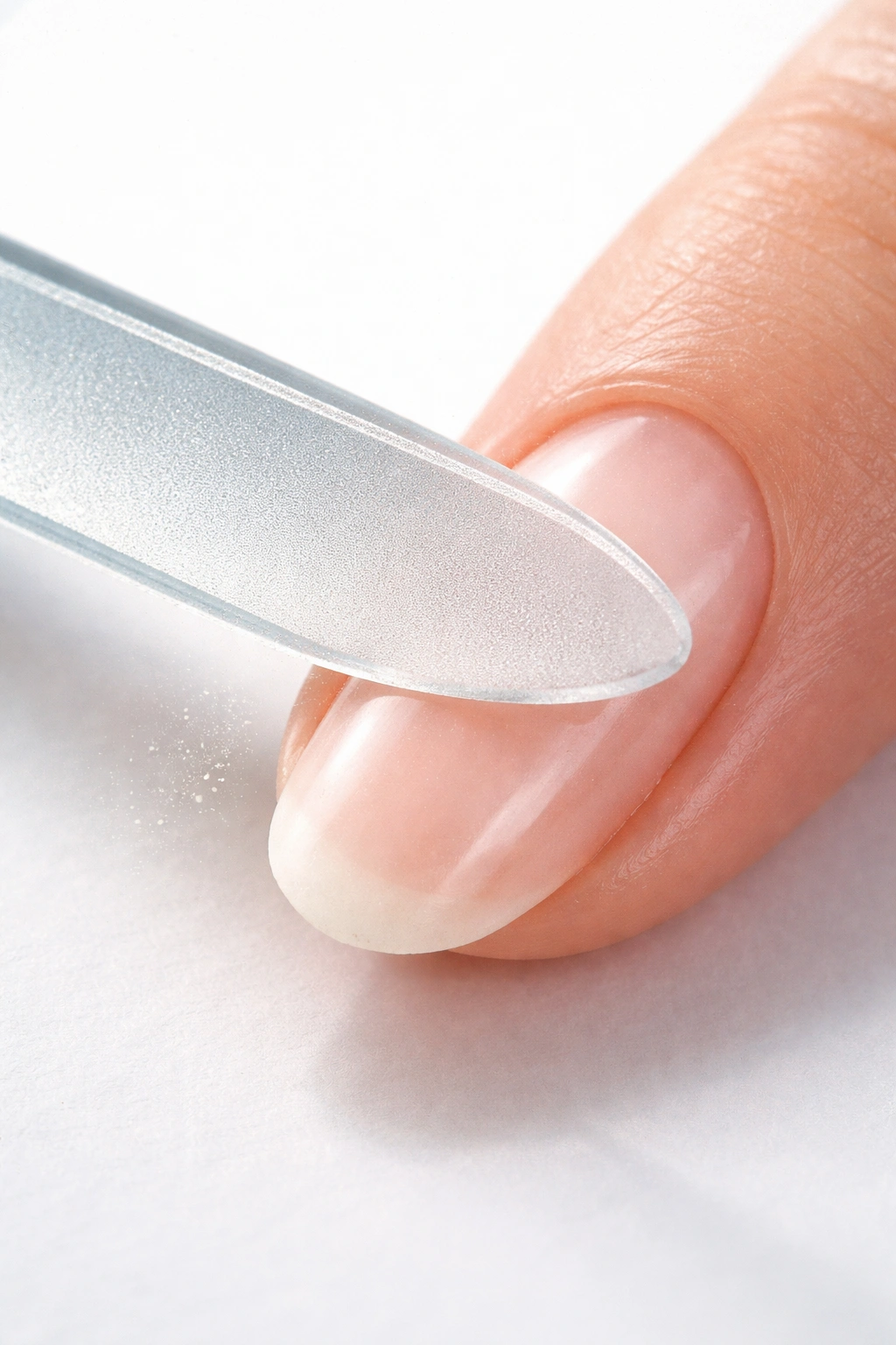 Close-up of a glass nail file and nail edge in a clean setting.
