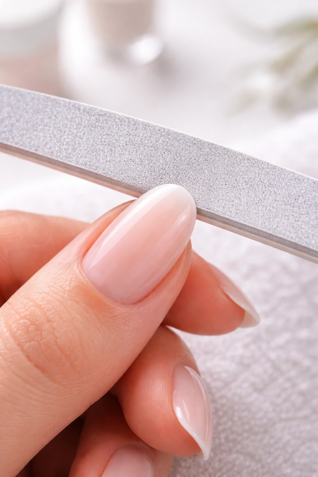 Close-up of a fine nail file smoothing the edge of a long round nail