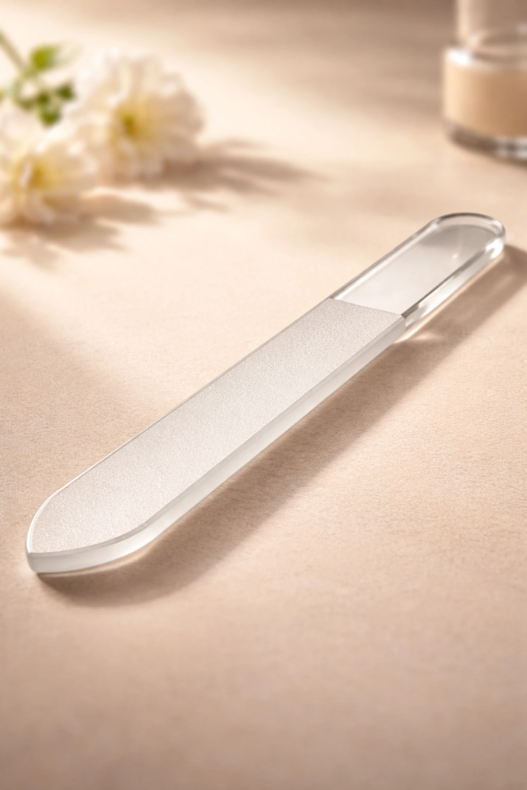 Premium glass nail file on neutral backdrop suggesting durability for natural nails.