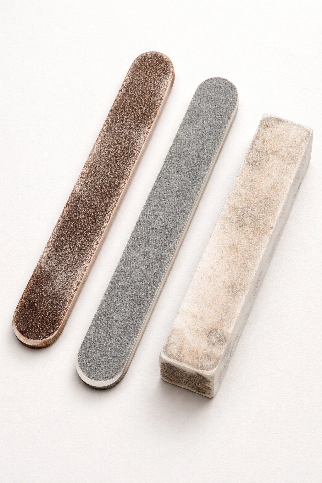 Flat lay of coarse, mid-grit, and worn buffer nail files showing common filing mistakes.