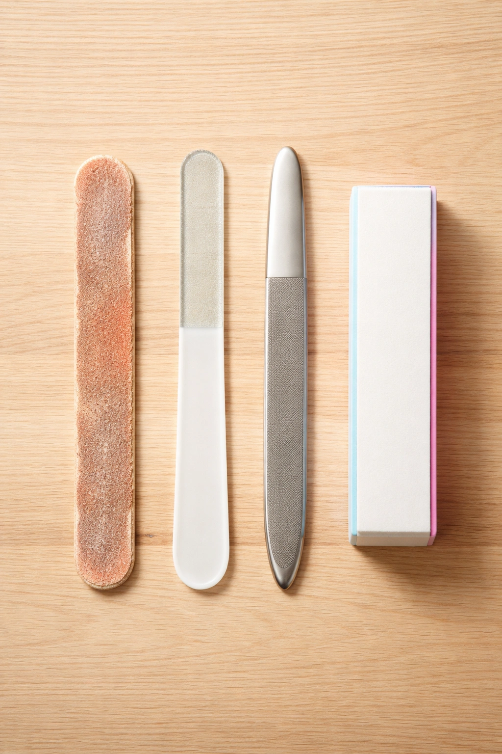 Flat lay of worn emery board, glass file, metal file, and buffer block to indicate when to replace nail files.