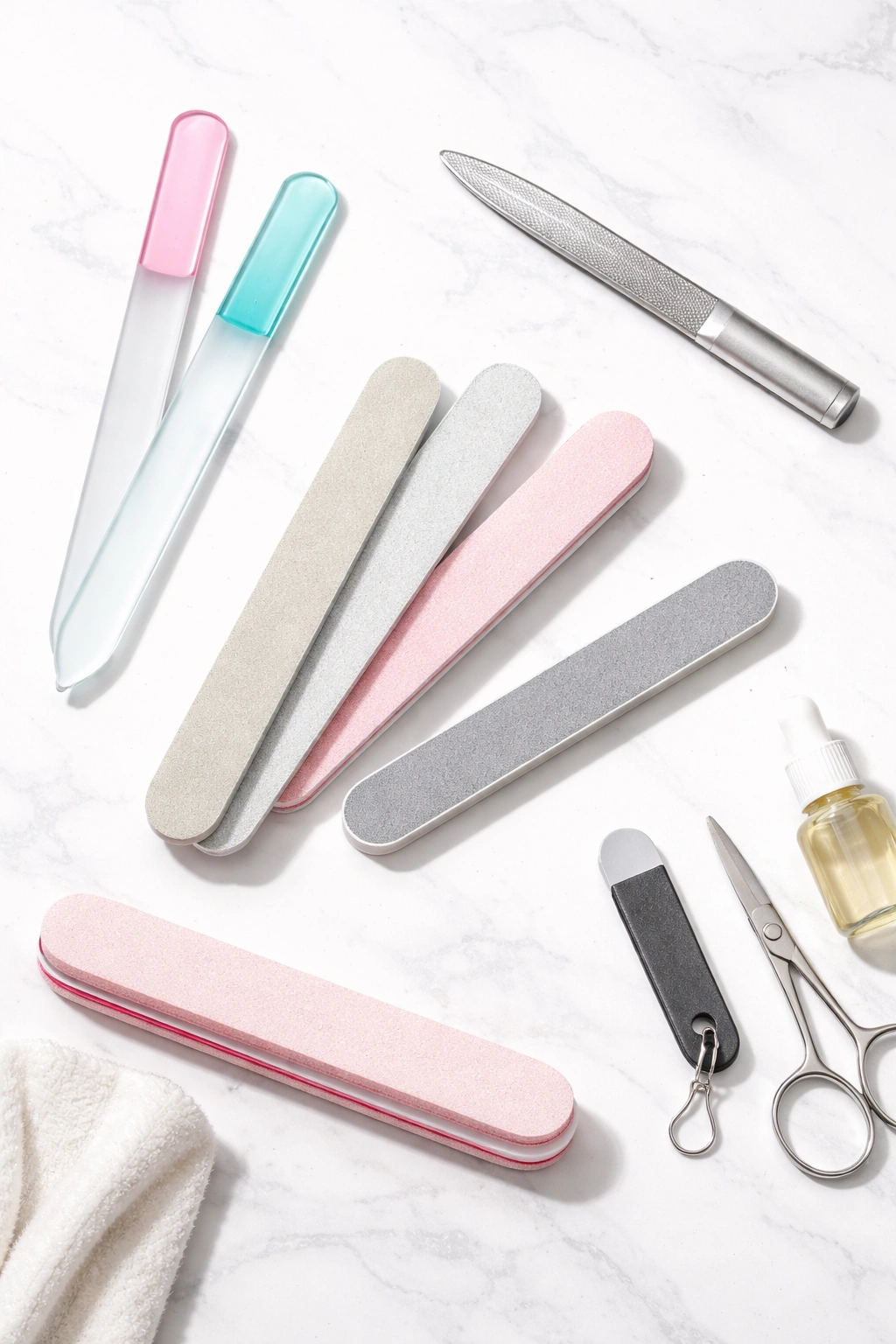 Assorted nail files including glass, emery board, and metal on white background