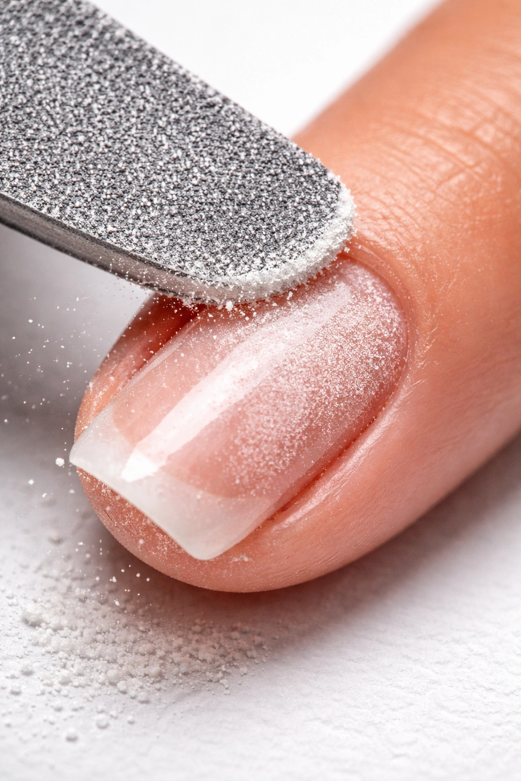Macro close-up of a coarse nail file scraping a gel-coated nail surface