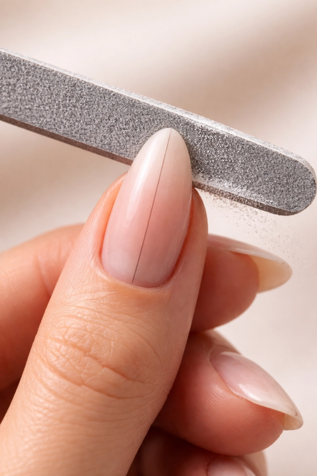 Close-up of almond oval nail being filed with emery board to maintain taper