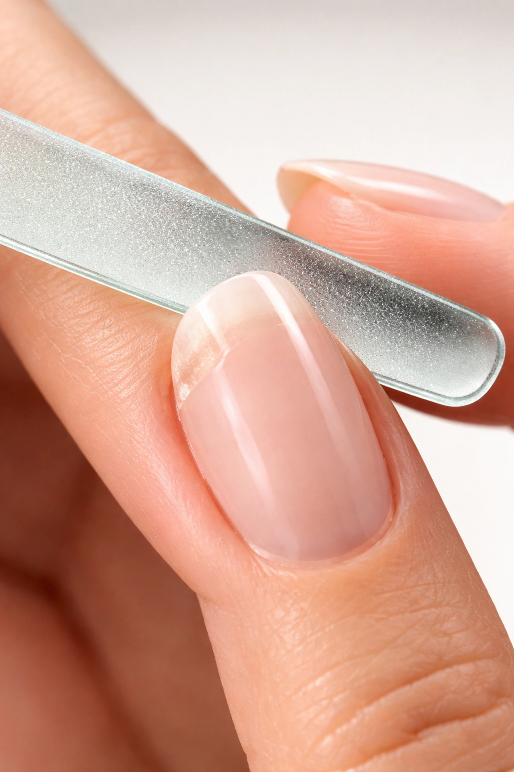 Close-up of nail being filed and buffed around repaired area