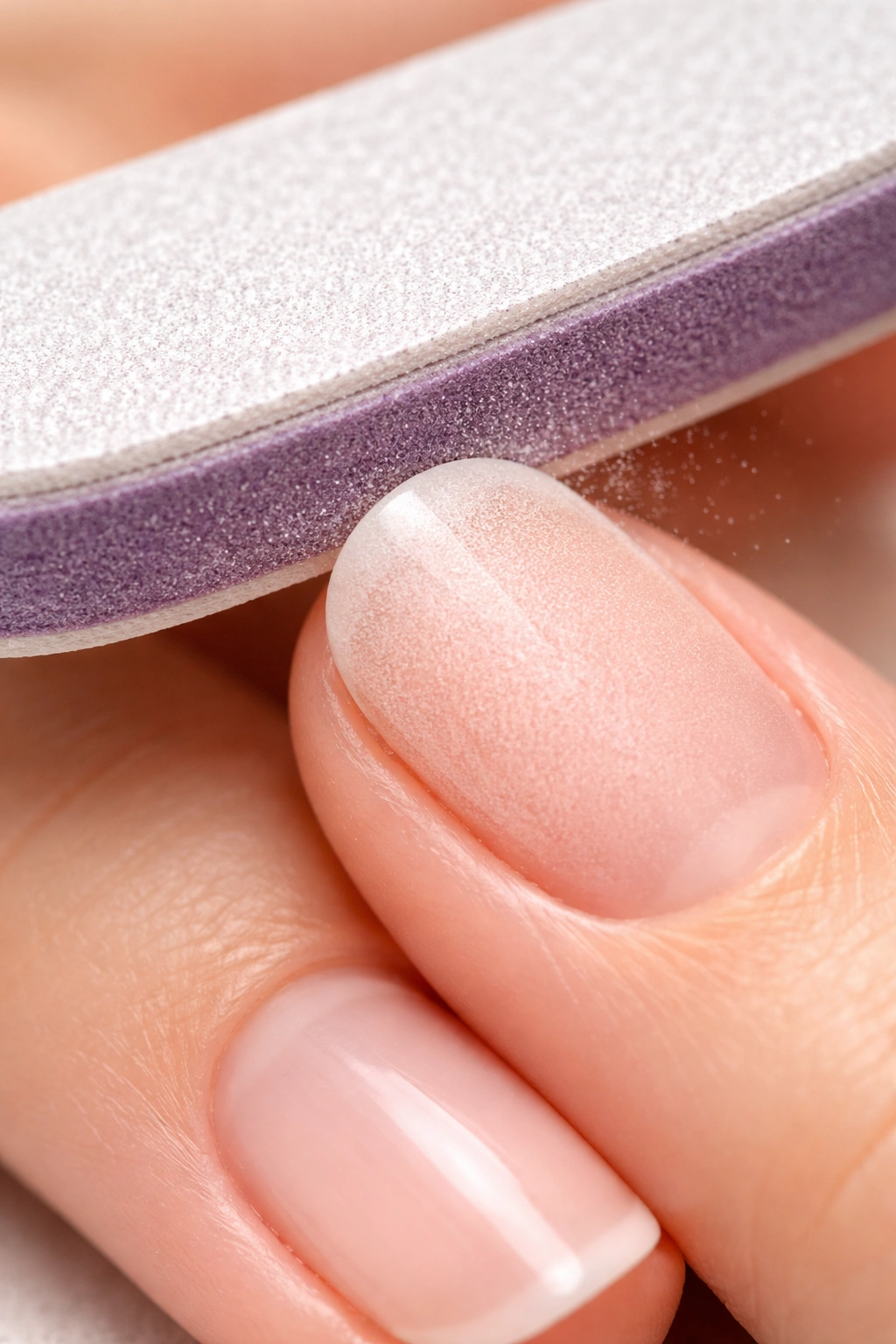 Nail being filed and buffed to smooth surface for sticker adhesion