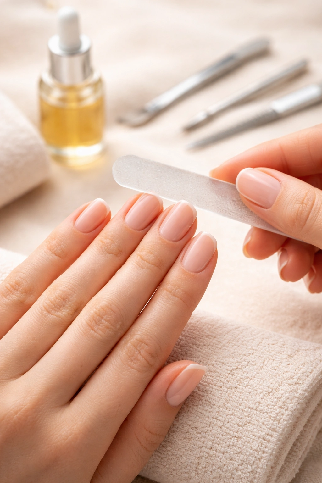 Close-up of nails being filed in one direction with a glass file