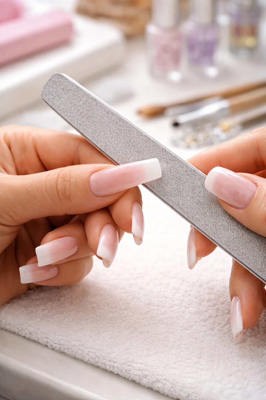 Close-up of hands filing duck nails to perfect the gyaru shape