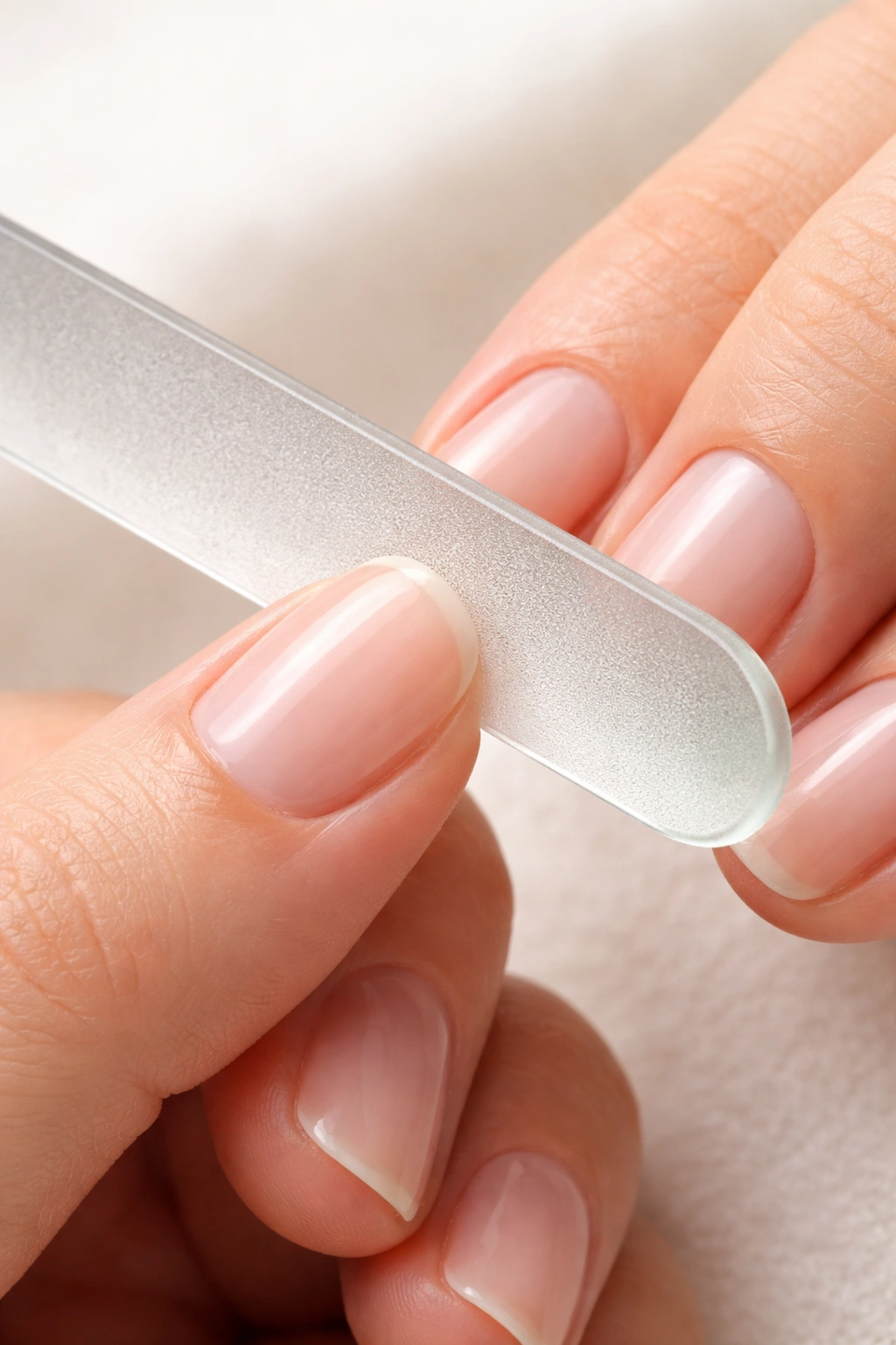 Nail being filed with a glass nail file