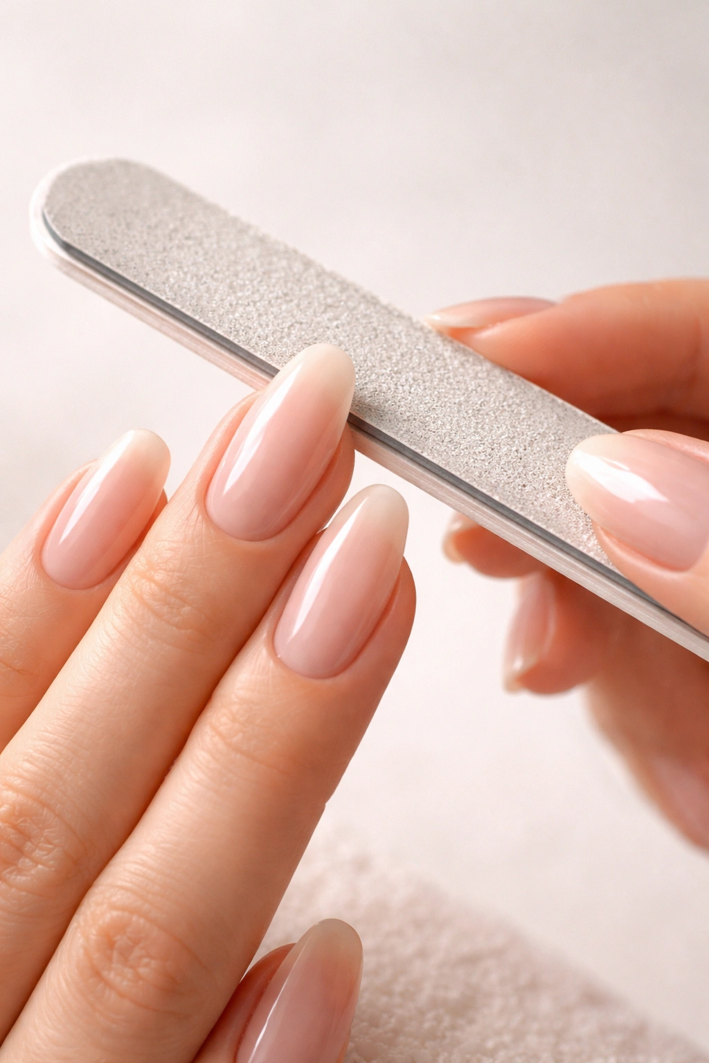 Close-up of filing long oval nails to maintain shape