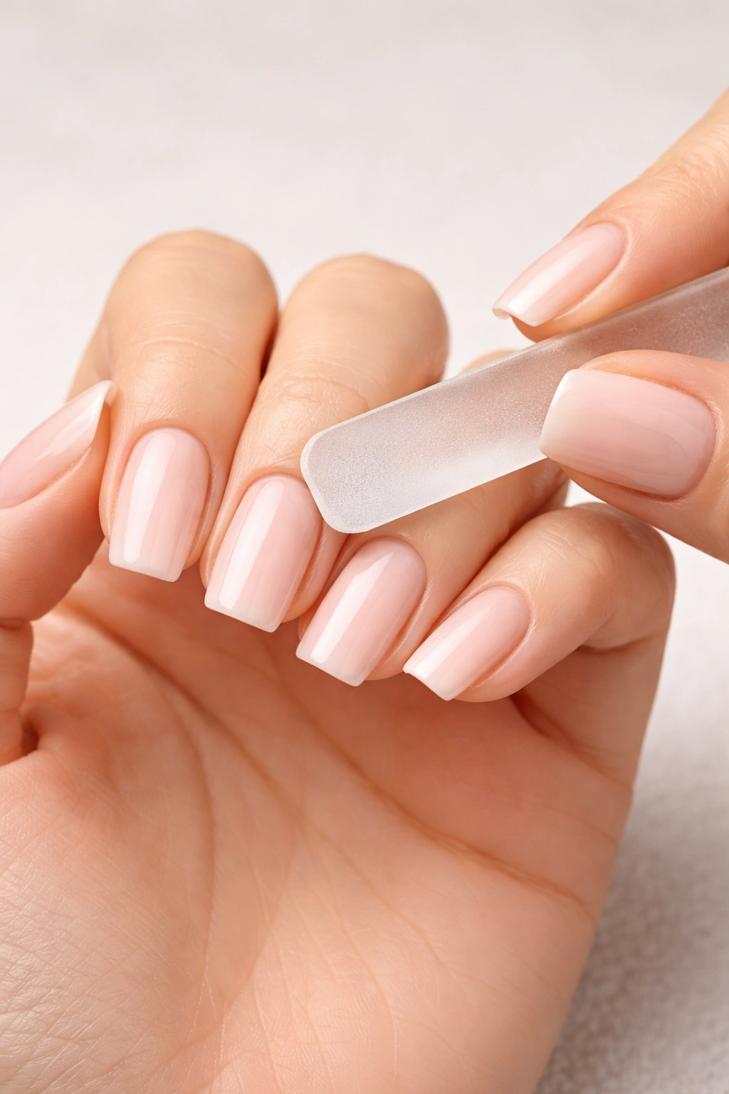 Hand filing nails with a glass file to maintain soft square shape.