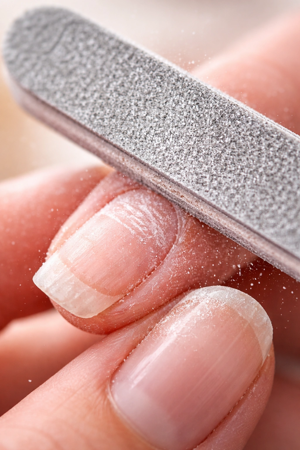 Close-up of over-filing nails with an emery board
