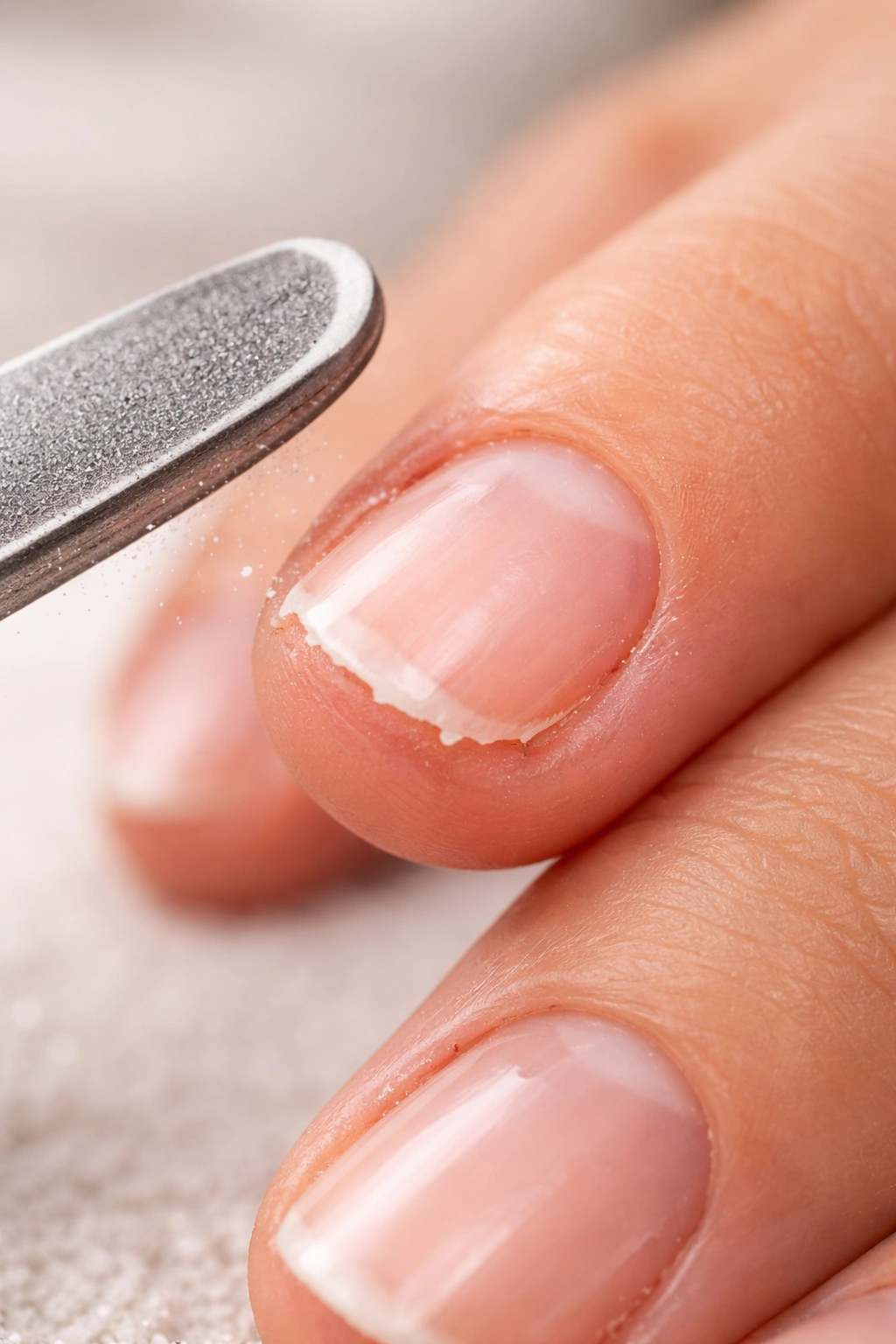Close-up of a hand with an uneven over-filed nail edge