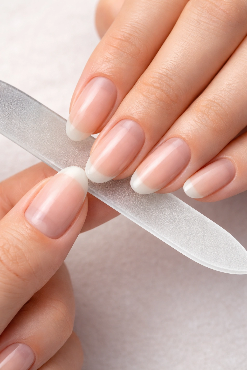 Close-up of nails being filed in one direction with a glass file