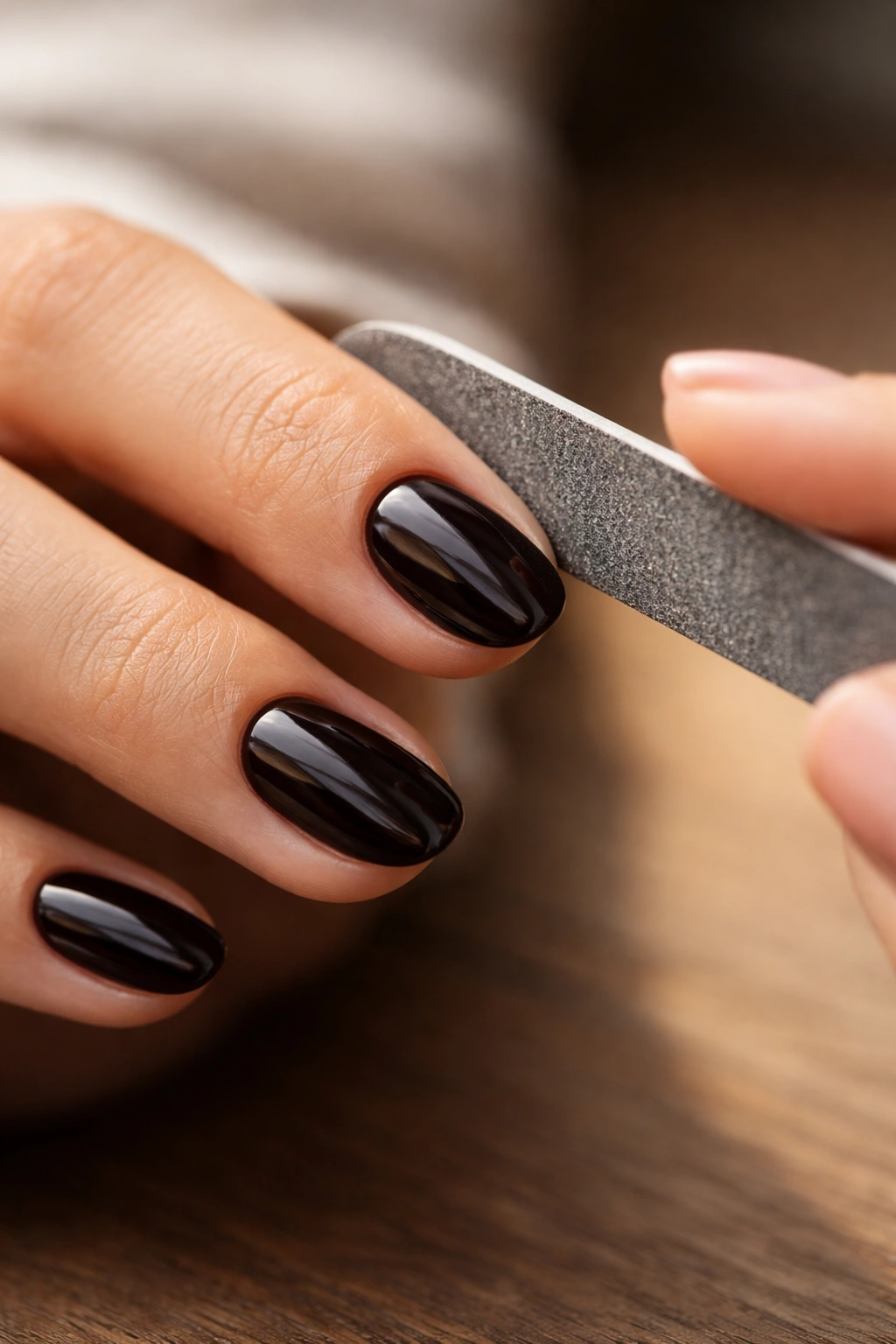 Close-up of a nail file shaping a short oval nail with smooth edges