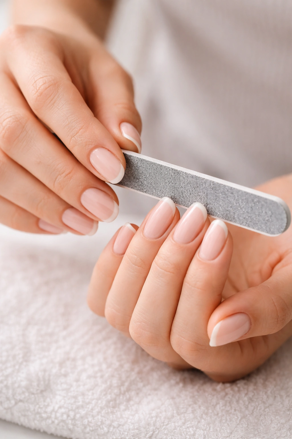 Nails being shaped with a file to even length.