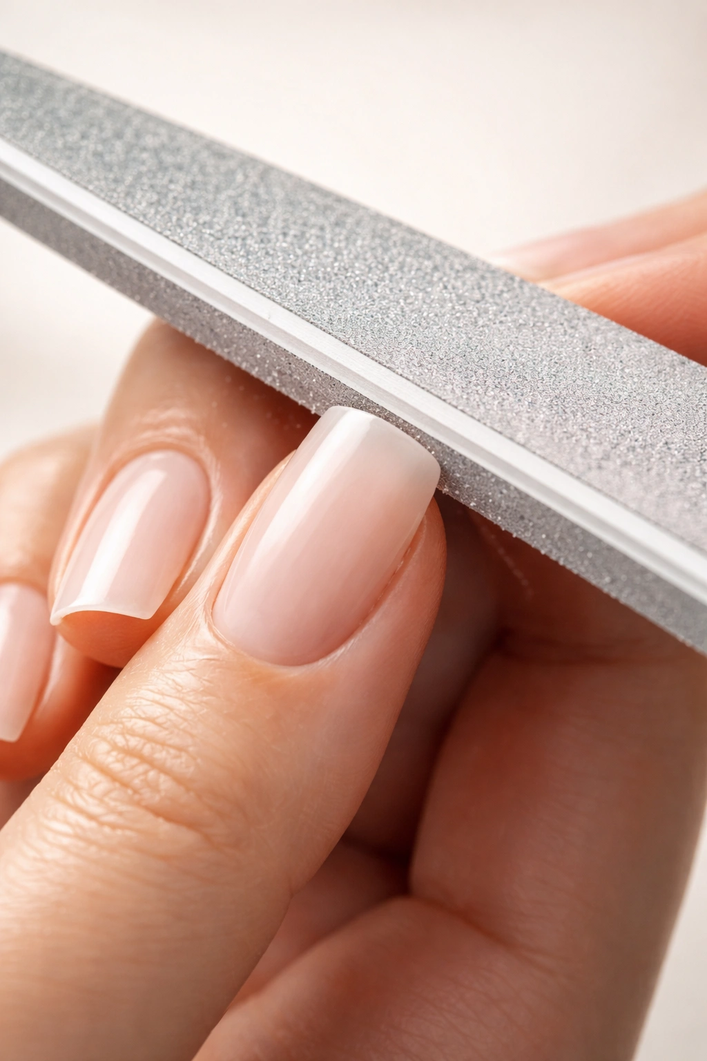 Nail being filed at 45-degree angle to create soft square shape