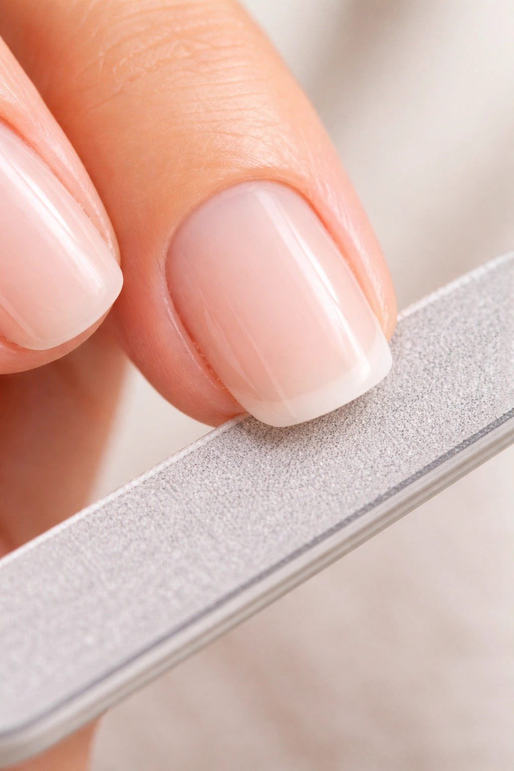 Nail edge being filed to form squoval shape with soft curves