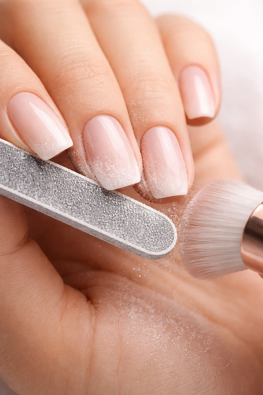 Nails being filed to form even squoval edges