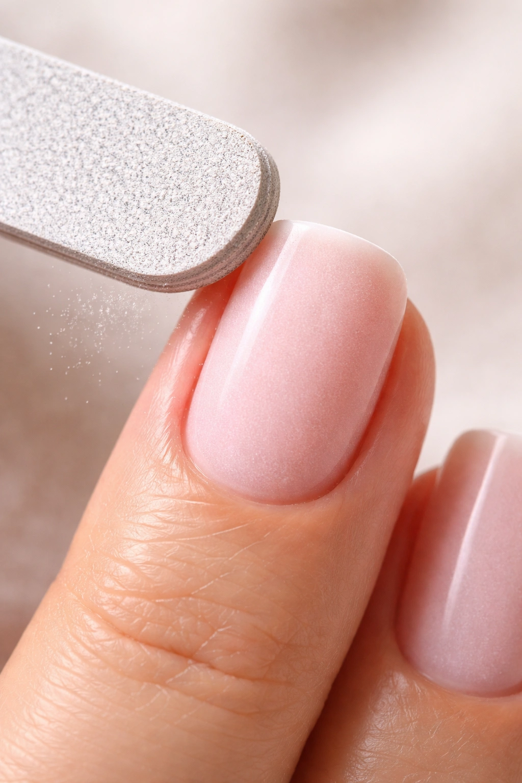 Fine-grit filing the nail edge to refine squoval shape