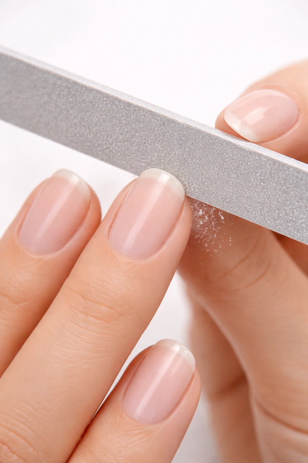 Close-up of filing a nail straight across to create an even edge.