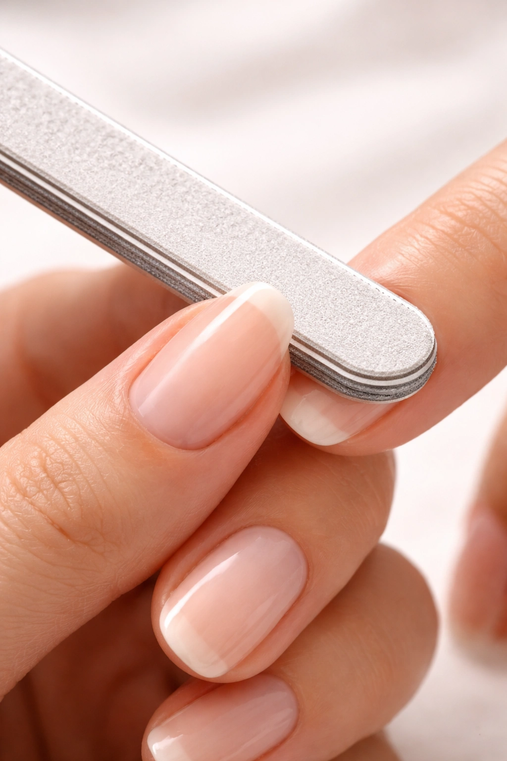 Hand filing a nail with a fine file at a slight angle in one-direction strokes