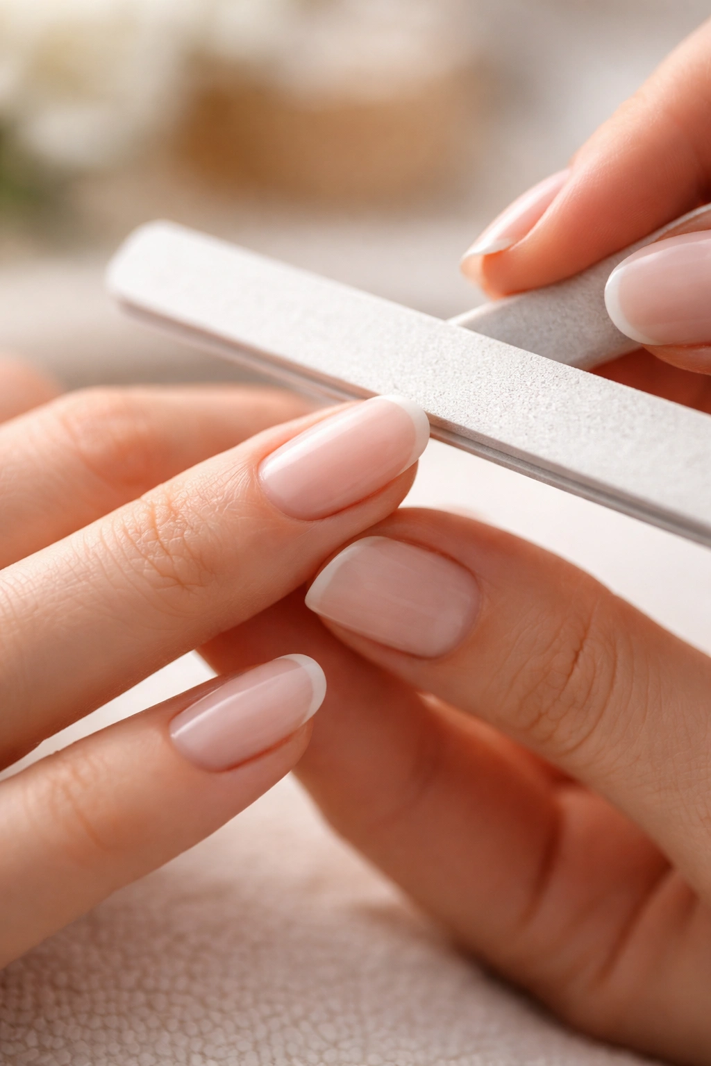 Close-up of nails being filed in one direction to protect nail edges