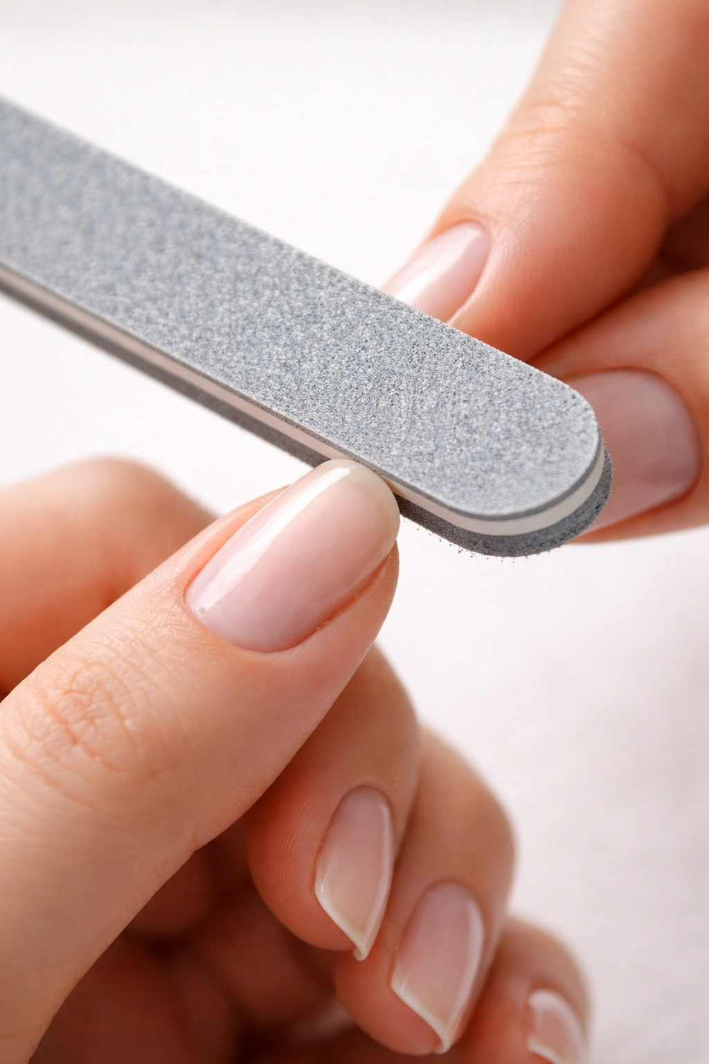 Close-up of a nail file filing the edge of a nail at a 45-degree angle in one-direction motion.
