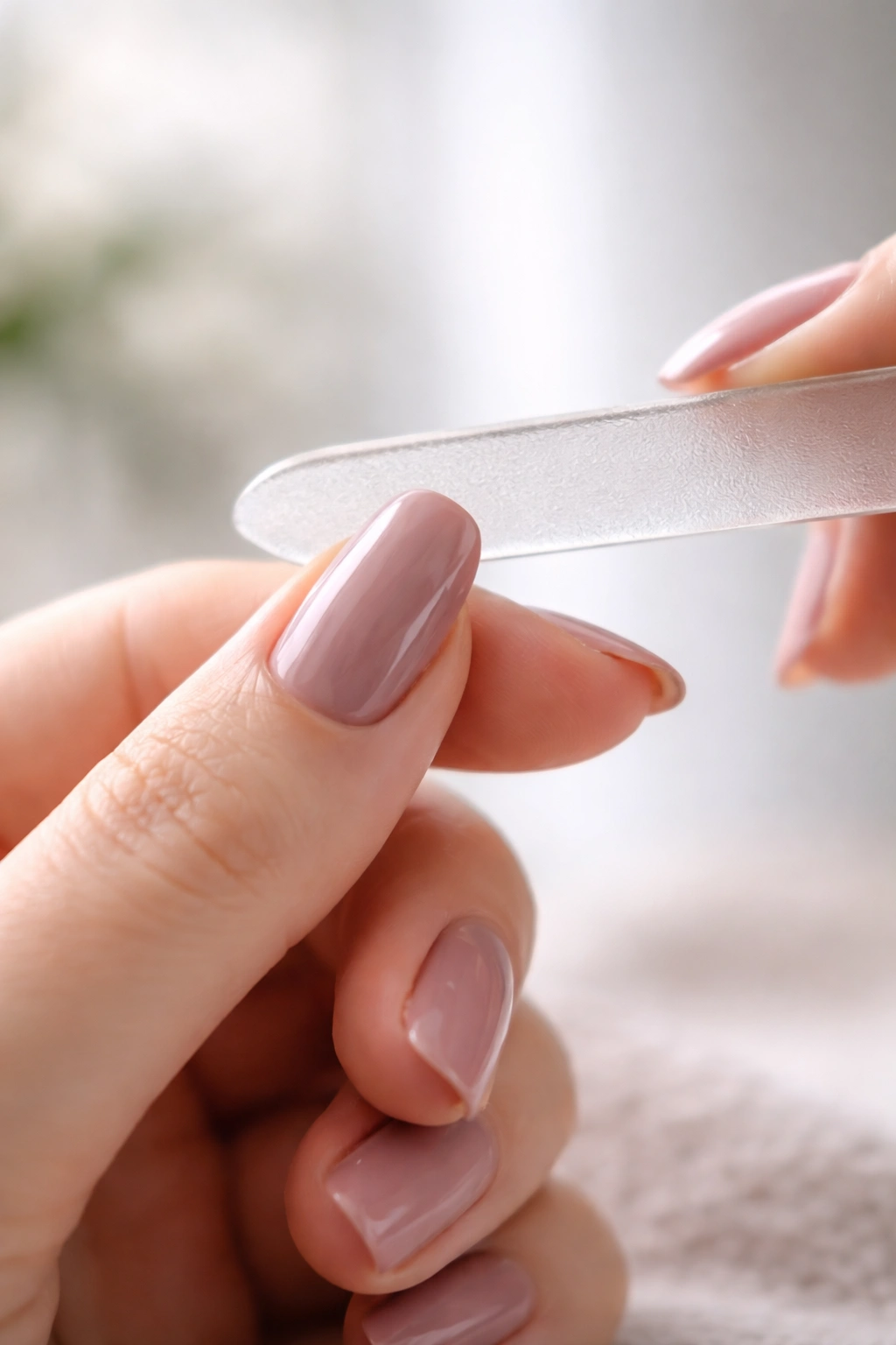 Close-up of nail being filed with a glass file in one-direction stroke