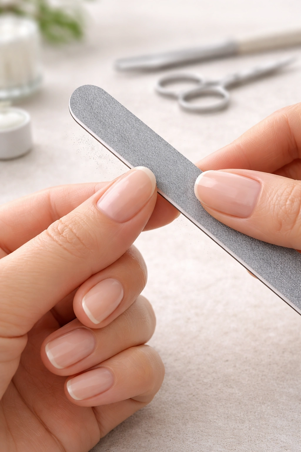 Close-up of nail filing action showing a smooth edge