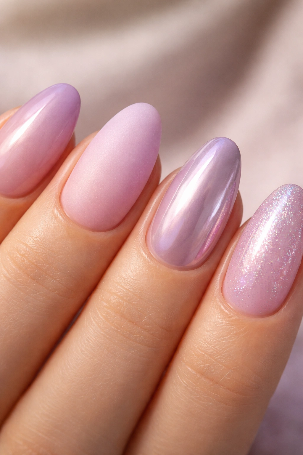 Nails showing glossy, matte, and chrome finishes in pink and lilac tones