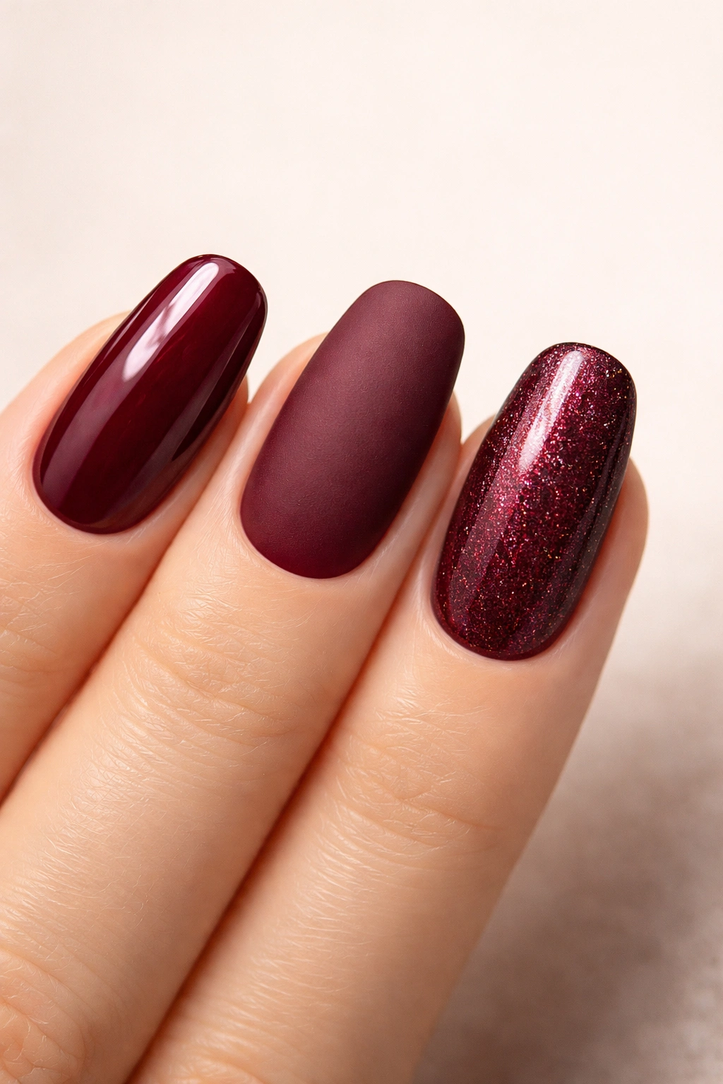 Burgundy nails showing glossy, matte, and shimmer finishes